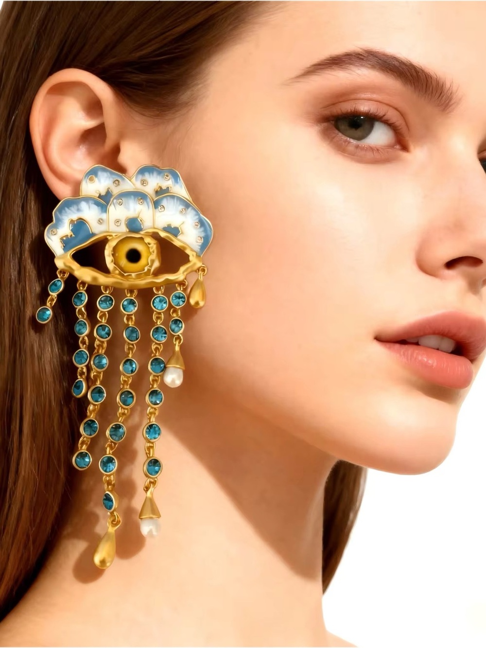 Schiaparelli inspired Gold and Blue Eye Dangle Earrings Designer Women’s Jewelry
